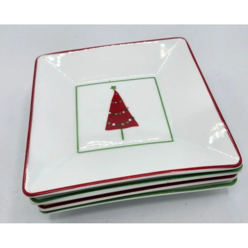 Crate and Barrel Appetizer Plates Christmas Tree Dish Holiday Snack Set of 4